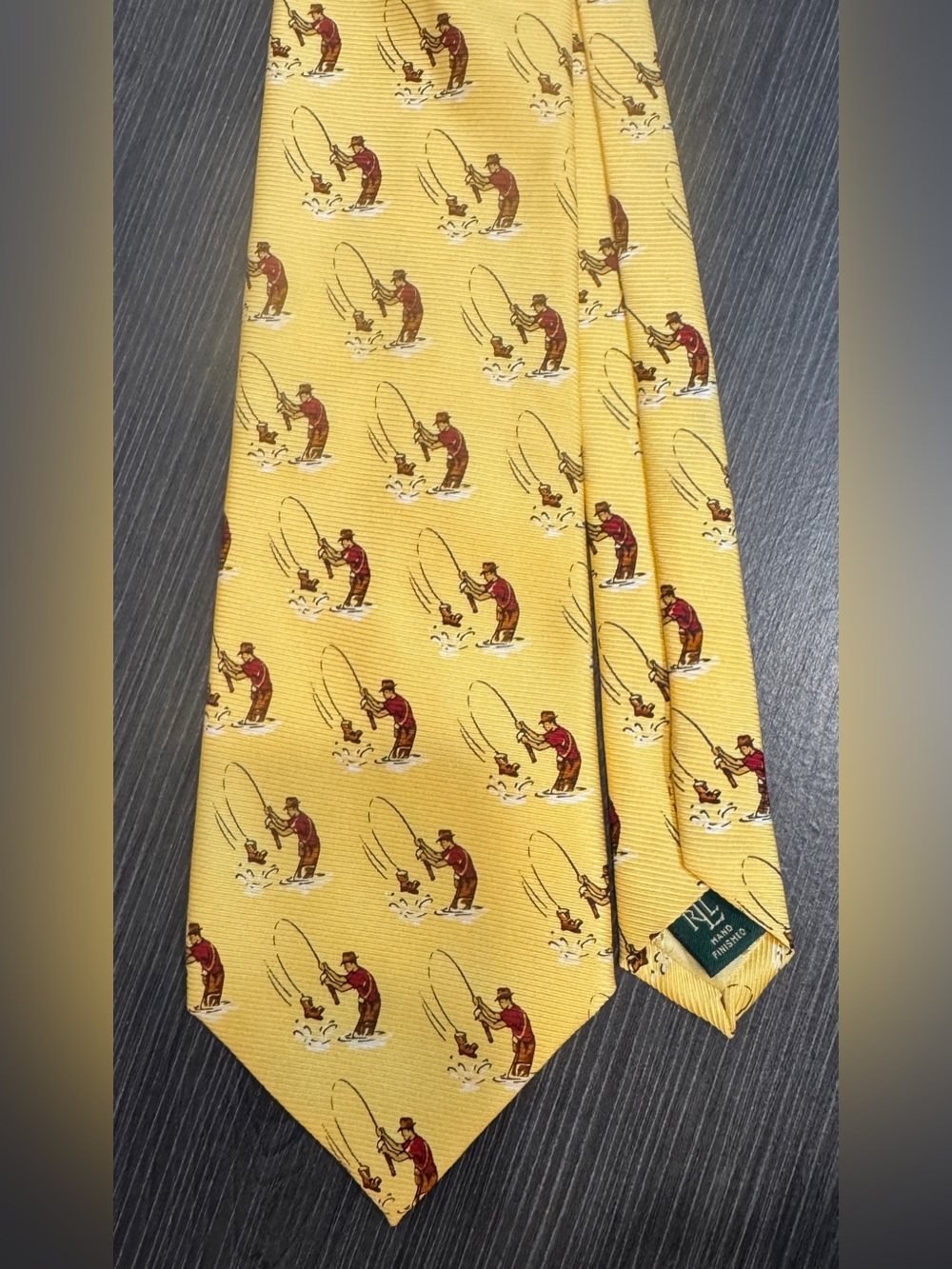 Vintage Ralph Lauren Yellow Fisherman Pattern Silk Men's Tie Made in USA